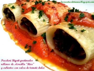 Paccheri Rigati gratinados relleno de Morcilla