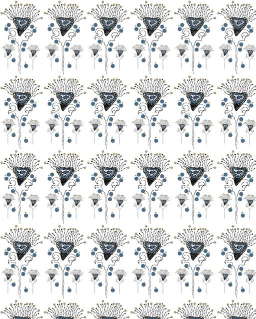 Estampado de flores raras, azul denim, cámel y blanco. Dibujos realizados a mano. de Lulajoyce. PaTTeRN aDiCTaS