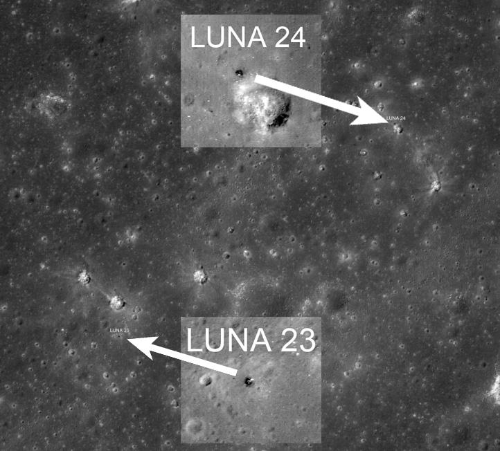 LROC provee imágenes de los sitios de aterrizaje de las sondas soviéticas Luna 20, 23 y 24 y las huellas de Lunokhod 2