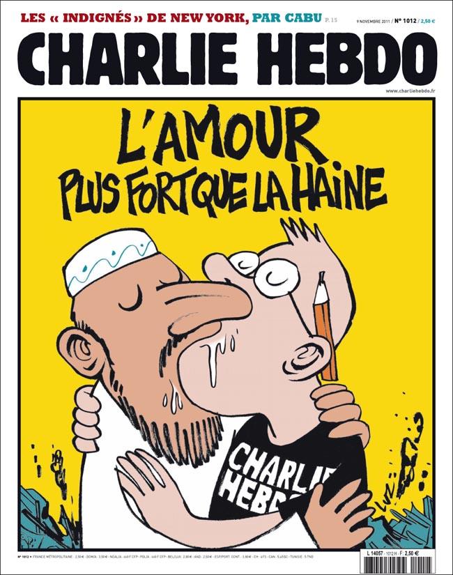 portada del Charlie Hebdo, musulmán y dibujante besándose