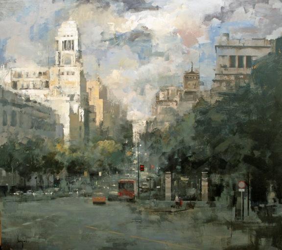 Ricardo Galán Urréjola 'Torre del Círculo iluminada', acrílico sobre lienzo. Londres y Madrid, el paisaje pictórico de Galán Urréjola