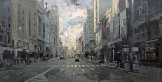 Ricardo Galán Urréjola 'Así ví la Gran Vía', acrílico sobre lienzo. Londres y Madrid, el paisaje pictórico de Galán Urréjola