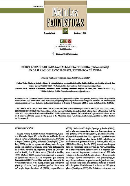 Trabajos de investigación publicados recientemente por el autor: Nueva localidad para la gallareta cornuda (Fulica cornuta) en la II Región, Antofagasta, República de Chile Trabajos de investigación publicados recientemente por el autor: Nueva localidad para la gallareta cornuda (Fulica cornuta) en la II Región, Antofagasta, República de Chile