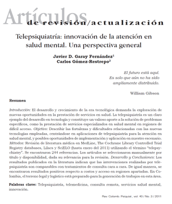 Telepsiquiatría: Una innovación de la atención en Salud Mental - Garay y Gómez-Restrepo