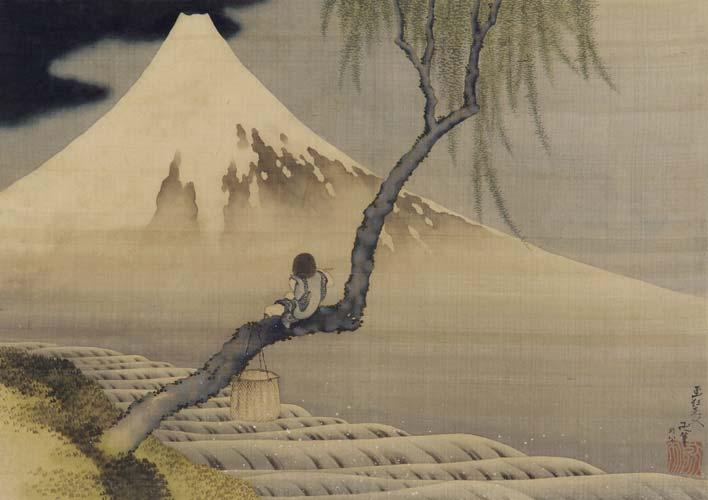 Niño mirando el monte Fuji, una pintura de Katsushika