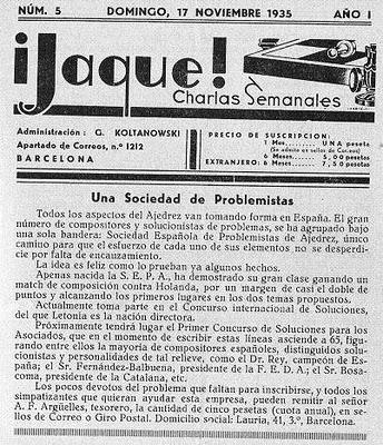 Posible resurgimiento de la SEPA, una buena noticia para el ajedrez español Revista ¡Jaque! del 17 de noviembre de 1935, creación de la SEPA