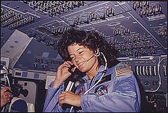 [Sally Ride] America's first woman astronaut communitcates with ground controllers from the flight deck during the six day mission of the Challenger. National Aeronautics and Space Administration., 06/18/1983 - 06/24/1983