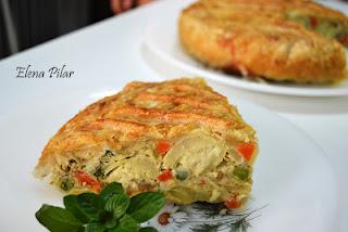 Hojaldre relleno Tortilla Patatas, Verduras Président Queso Cocina Semicurado.