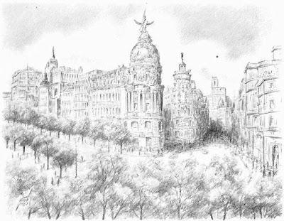 Ajedrez y pintura Henry Grob 1904-1974 Vista de Madrid, dibujo de Henry Grob