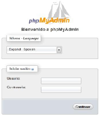 página principal de phpMyAdmin
