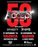 Conciertos de Accept en Valencia y Madrid en noviembre del 2026 con Dynazty y Tailgunner
