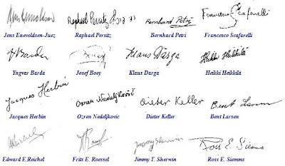 Firmas de algunos de los participantes en el II Campeonato Mundial Juvenil de Ajedrez (Copenhague, 1953)