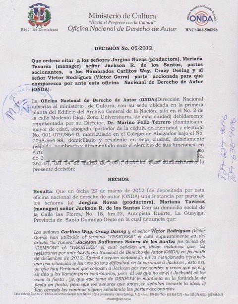 Imagen De La Demanda Por Derechos De Autor Que Le Han Interpuesto A ”Los Teke Teke”