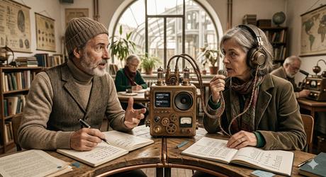 Aprender inglés autodidacta, desde cero. Personas conversando en un ambiente vintage.