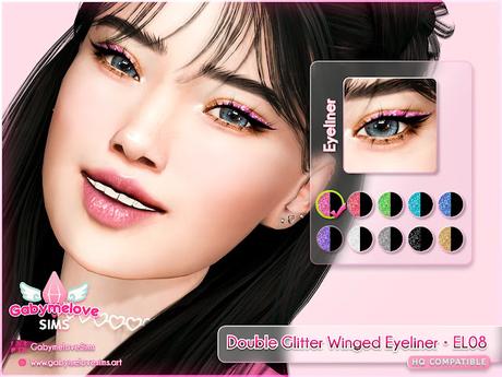 The Sims 4 CC Double Glitter Winged Eyeliner EL08 preview by Gabymelove Sims featuring glitter eyeliner makeup with colorful swatches – maquillaje glitter delineador ojos Los Sims 4 CC CAS