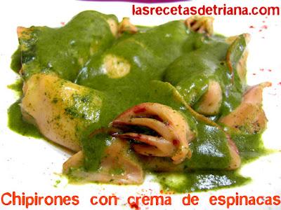 Chipirones con crema de espinacas