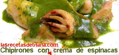 Chipirones con crema de espinacas