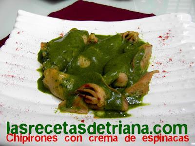 Chipirones con crema de espinacas