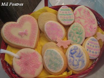 Cesta de Pascua. Huevos, corazones y detalles para la ventana.  Todo son galletas