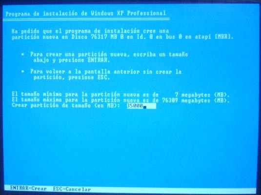 Crear particiones en Windows XP.
