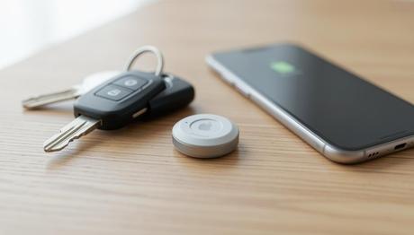 AirTag de Apple junto a llaves y smartphone
