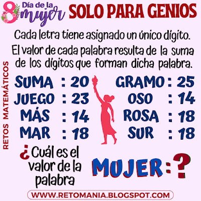 Desafíos matemáticos, Retos matemáticos, Problemas matemáticos, Retos visuales, Juegos visuales, Retos mentales, Retos virales, Juegos mentales, Día de la Mujer, Día Internacional de la Mujer, Juegos de números, Solo para Genios, Retos Solo para Genios, Piensa rápido