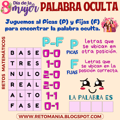 Desafíos matemáticos, Retos matemáticos, Problemas matemáticos, Retos visuales, Juegos visuales, Retos mentales, Retos virales, Juegos mentales, Día de la Mujer, Día Internacional de la Mujer, Juegos de Palabras, Picas y Fijas, Palabra Oculta, BuscaPalabras, Palabra escondida