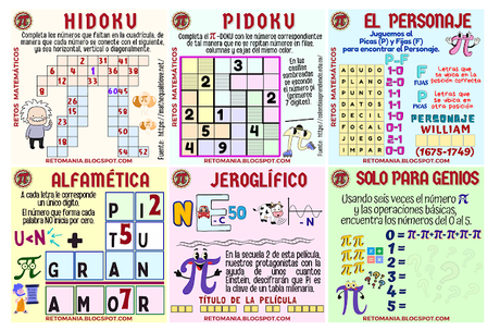 Pi, DíaPi, Día de Pi, Día de las Matemáticas, Día Internacional de las Matemáticas, Desafíos matemáticos, Retos matemáticos, Problemas matemáticos, Retos visuales, Retos mentales, Juegos mentales, Retos virales, Juegos en Clase, Juegos en el aula, Aprender jugando, Jugando aprendo, Sudoku, Hidoku, Hidato, Juegos de Palabras, BuscaPalabras, Palabra Oculta, Jeroglíficos, Jeroglíficos escolares, Solo para Genios, Alfamética, CriptoAritmética, Suma de palabras, El Personaje