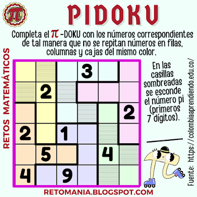 PIDOKU Pi, DíaPi, Día de Pi, Día de las Matemáticas, Día Internacional de las Matemáticas, Desafíos matemáticos, Retos matemáticos, Problemas matemáticos, Retos visuales, Retos mentales, Juegos mentales, Retos virales, Juegos en Clase, Juegos en el aula, Aprender jugando, Jugando aprendo, Sudoku, Pidoku, Pi-Doku