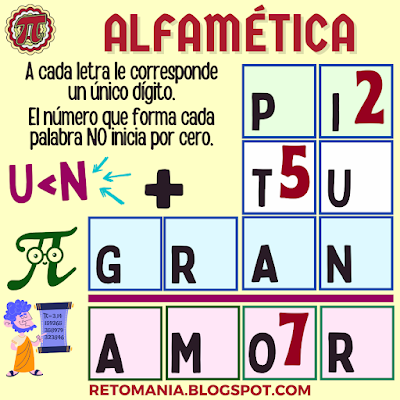 ALFAMÉTICA Pi, DíaPi, Día de Pi, Día de las Matemáticas, Día Internacional de las Matemáticas, Desafíos matemáticos, Retos matemáticos, Problemas matemáticos, Retos visuales, Retos mentales, Juegos mentales, Retos virales, Juegos en Clase, Juegos en el aula, Aprender jugando, Jugando aprendo, Juegos de Palabras, Suma de Palabras, Alfamética, CriptoAritmética, CriptoSuma