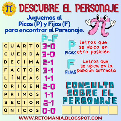 DESCUBRE EL PERSONAJE Pi, DíaPi, Día de Pi, Día de las Matemáticas, Día Internacional de las Matemáticas, Desafíos matemáticos, Retos matemáticos, Problemas matemáticos, Retos visuales, Retos mentales, Juegos mentales, Retos virales, Juegos en Clase, Juegos en el aula, Aprender jugando, Jugando aprendo, Juegos de Palabras, Palabra oculta, Palabra escondida, Descubre el Personaje