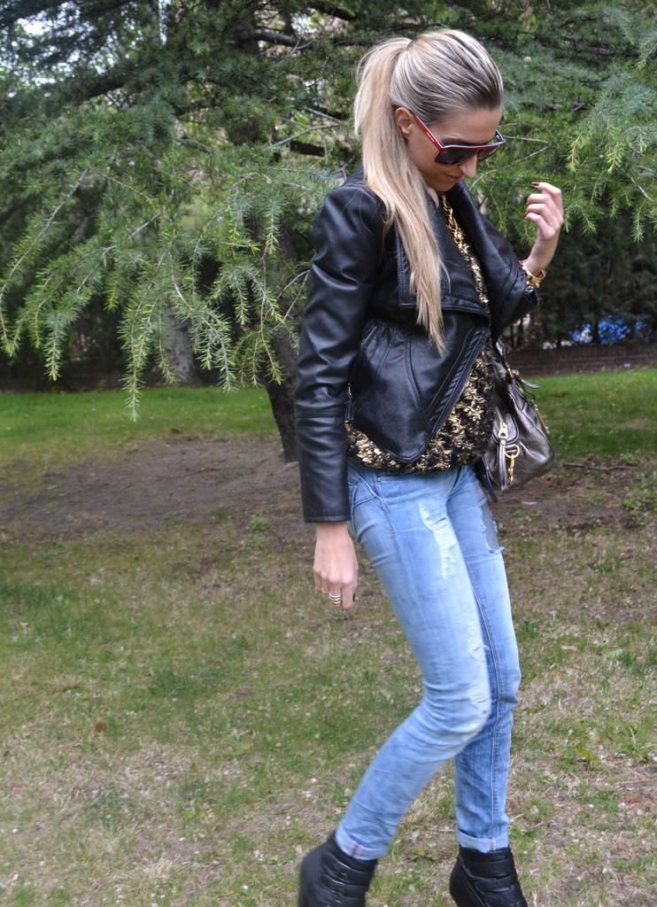 Leather jacket and jeans