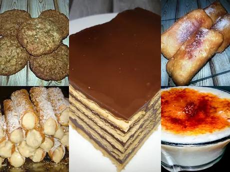 Collage de postres típicos asturianos tradicionales: Arroz con Leche, Frixuelos, Casadiellas y Tarta de la Abuela