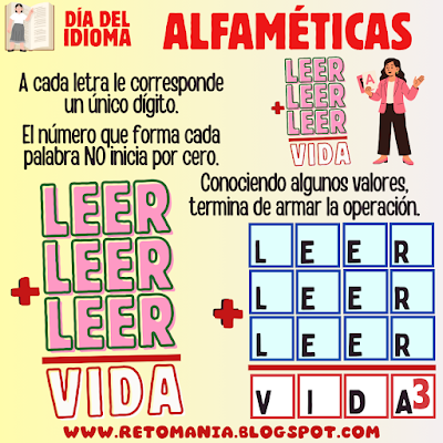 Día del Idioma, Día de la Lengua Castellana, Día del Libro, Alfamética, CriptoAritmética, CriptoSuma, CriptoGrama, Juegos de Letras, Juegos de Palabras, Juegos mentales, Juegos virales, Retos virales, Suma de Letras, Suma de Palabras,