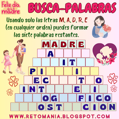 Día de la madre, Día de mamá, Día de las madres, Desafíos matemáticos, Retos matemáticos, Retos mentales, Juegos mentales, Juegos virales, Retos virales, Problemas matemáticos, Aprender jugando, Jugando aprendo, Juegos de aula, Juegos matemáticos, Juegos de Palabras, Palabra Oculta, BuscaPalabras