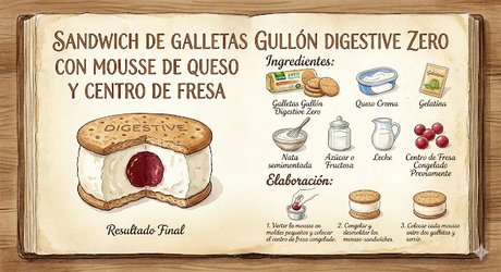 SANDWICH DE  GALLETAS ZERO DIGESTIVE CON MOUSSE DE QUESO Y CENTRO DE FRUTA ROJA