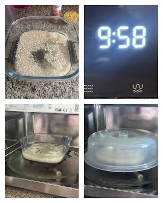 Paso 1 de la receta: arroz con agua en recipiente de cristal dentro del microondas durante 10 minutos con tapa antisalpicaduras