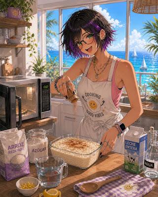 IlustraciĂłn anime JJK de mujer preparando arroz con leche al microondas el DĂ­a de la Madre con vistas al mar