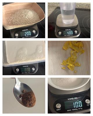 Collage detallado de los ingredientes pesados: 200g de arroz, 400g de agua, 800g de leche, 100g de azĂşcar, canela en polvo y piel de limĂłn