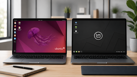 Comparación entre los escritorios Ubuntu y Linux Mint mostrados lado a lado en un ordenador portátil. Comparación entre los escritorios Ubuntu y Linux Mint mostrados lado a lado en un ordenador portátil.