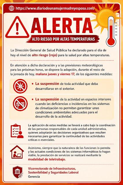 Infograf铆a de alerta roja por altas temperaturas en la Comunitat Valenciana con medidas de suspensi贸n de actividades exteriores y teletrabajo.