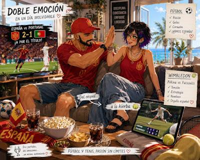 MaratĂłn deportivo en casa para ganarle a la ola de calor. IlustraciĂłn de JuliĂĄn y Menya con la camiseta de EspaĂąa celebrando el fĂştbol en la tele y viendo el tenis de Wimbledon en una tablet con palomitas