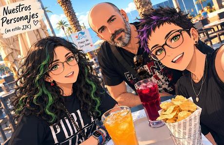 Nuestros personajes en estilo anime disfrutando del verano en San Juan. IlustraciĂłn estilo anime de Menya con el pelo rapado corto, JuliĂĄn y Alejandra sonriendo en una terraza de la Playa de San Juan con patatas y bebidas.