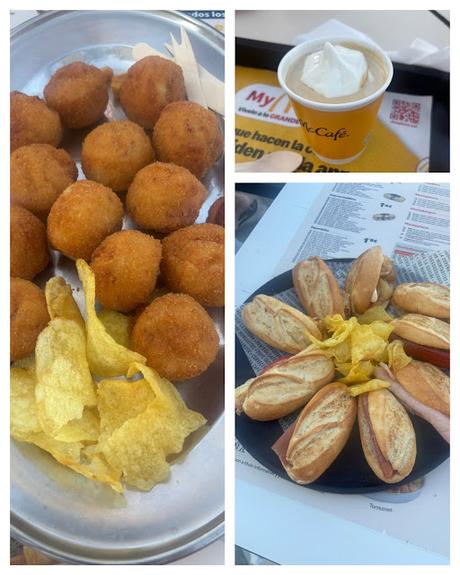 RaciĂłn de croquetas de jamĂłn de La SureĂąa, surtido de pequeĂąos montaditos y un cafĂŠ con nata de McCafĂŠ para cenar en la playa de San Juan.