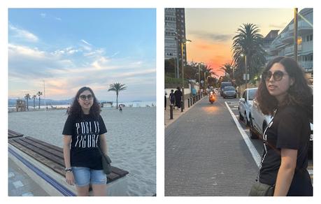 Paseo nocturno por la playa de San Juan con un atardecer precioso. Collage de Alejandra paseando por la arena de la playa de San Juan a las 21:30h y caminando junto a los coches con un atardecer naranja de fondo a las 22:00h.