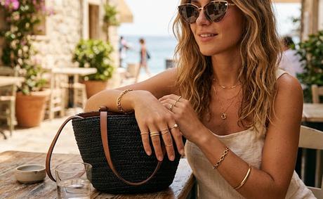 accesorios de verano Detalle de accesorios: gafas de sol, joyas doradas y bolso de rafia.