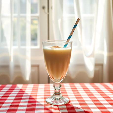 Copa con horchata y una pajita, sobre un mantel de cuadros