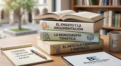 libros sobre una mesa donde se ven Ensayo, Monografía y Artículo Científico