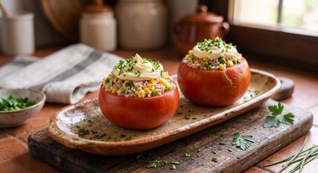 Dos tomates rellenos de atún, arroz y verduras, decorados con huevo duro y aceitunas negras, servidos en una fuente rústica sobre un mantel de lino blanco.