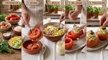 Collage fotográfico con el paso a paso para preparar tomates rellenos: corte, vaciado del tomate, mezcla de ingredientes en un bol de barro y rellenado.